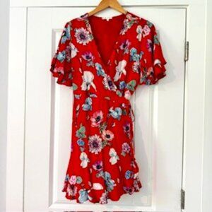 Red Floral Slate Willow & Clay ruffle wrap mini dress M